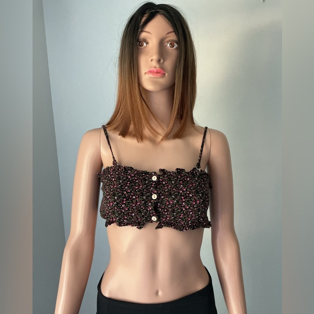 Free People Black and Pink Floral Crop Top